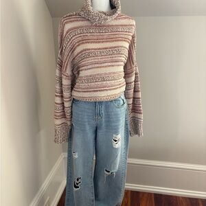 Striped Turtleneck Knit Sweater in Blush